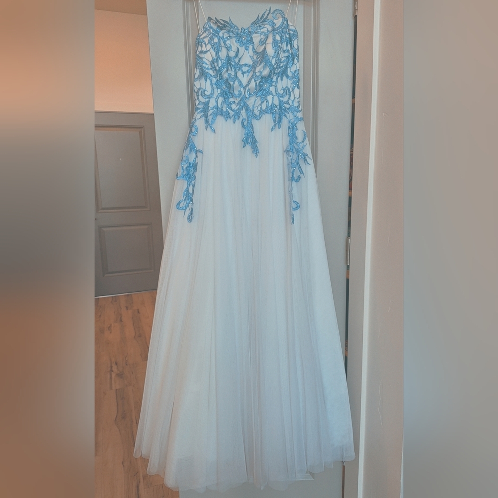 Elegant Blue and White Gown with Light Blue Lace Detailing